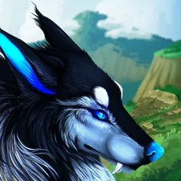 Game icon: a black wolf in profile with a blue mane streak and bright blue eyes