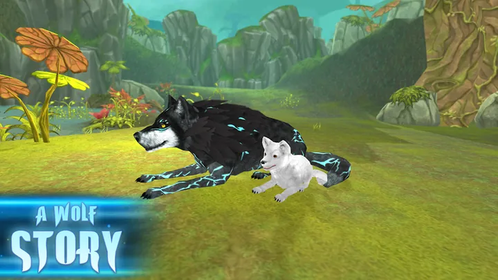 A black wolf with glowing blue markings resting on grass beside a small white pup
