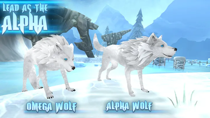 Two white wolves standing on snow, one labelled omega wolf and the other alpha wolf