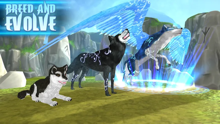 A white pup, a dark marked wolf and a blue winged wolf on grass beside a glowing ring