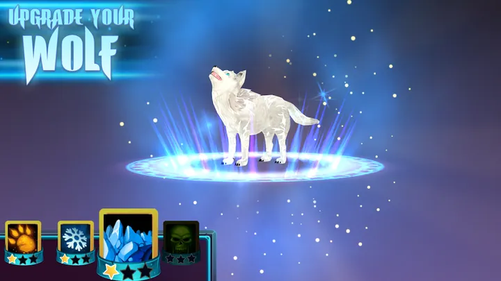 A pale crystal wolf on a glowing ring above a row of four upgrade cards with star counts