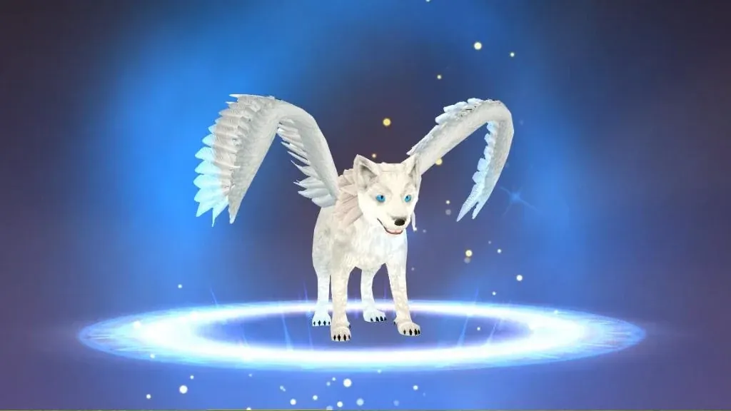 A white wolf wearing a large pair of decorative feathered wings on a dark background